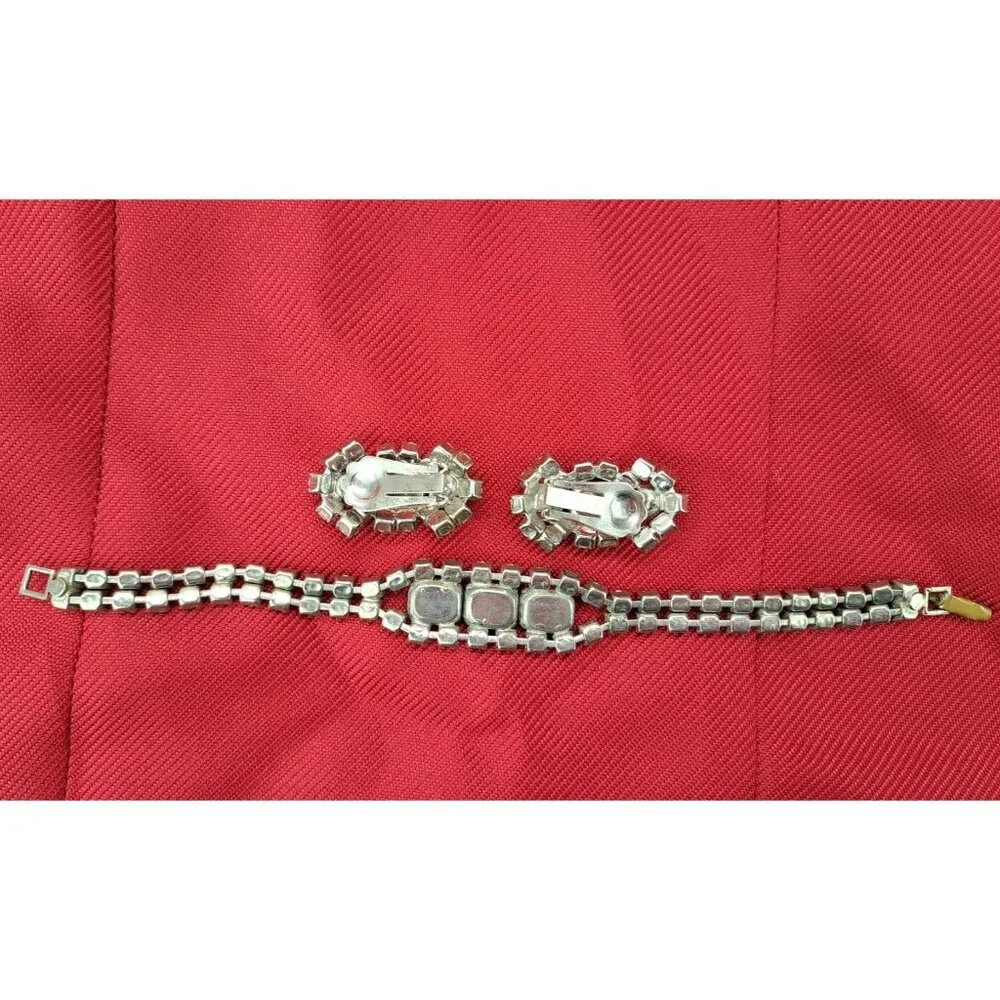 Vintage Clear Black Rhinestone Bracelet Clip-On Earrings Set Emerald Cut Costume - Picture 4 of 6